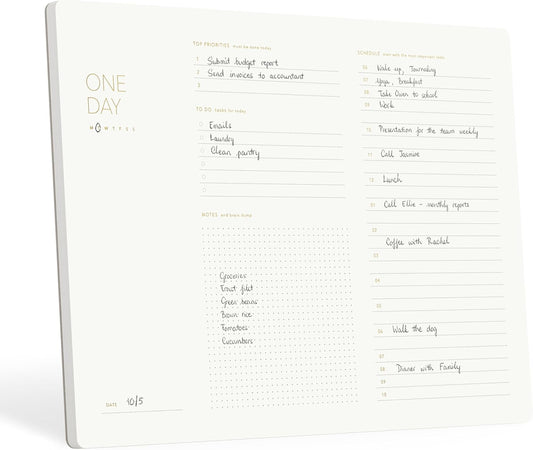 One Day, Elegant Daily Desk Planner, Gold Foiled, Minimalist Productivity Planner Pad, Time Blocking Hourly Schedule, To Do List Notepad, A4, 52 Pages, FSCâ¢ Certified