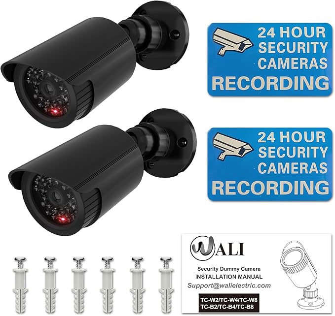 WALI Bullet Dummy Fake Surveillance Security CCTV Dome Camera Indoor Outdoor with One LED Light, Security Alert Sticker Decals (TC-B2), 2 Packs, Black