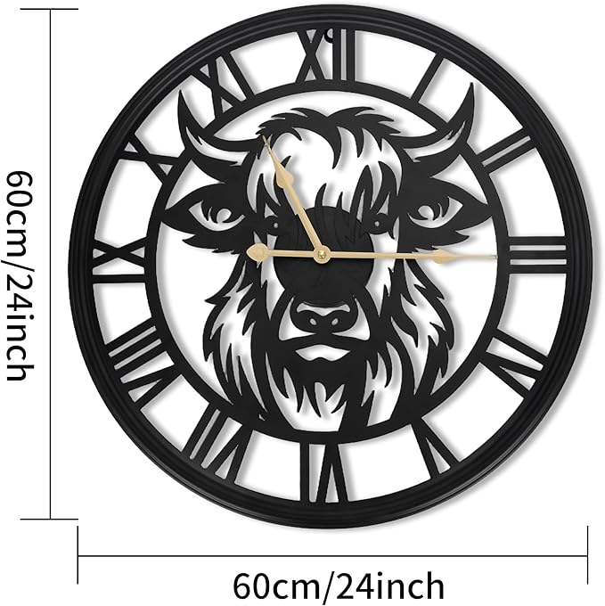24Inch Large Wall Clocks Battery Operated,Farmhouse Black Metal Non-Ticking Wall Clock,Wall Clocks for Living Room Decor,Bedroom,Kitchen(Highland Bull Wall Clock, 24 Inch)