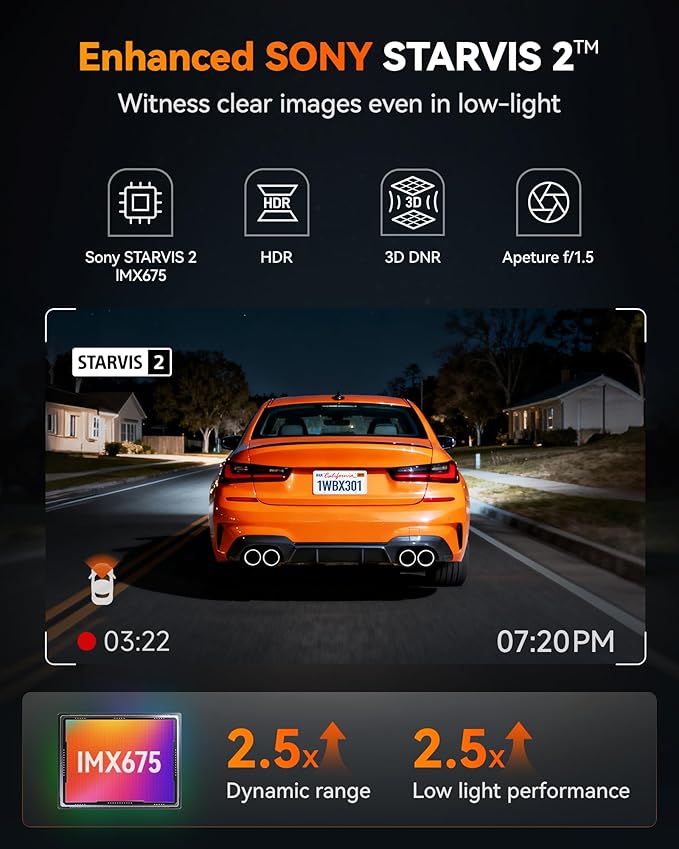 WOLFBOX X3 2.5K 1440P 60FPS Dash Camera, STARVIS 2 IMX675 with ADAS, 1440P+1080P Dual Dashcam Front and Rear Camera 5MP with Built-in 5.8GHz WiFi & GPS, 64GB Card, Touch Screen, G-Sensor, Loop Record