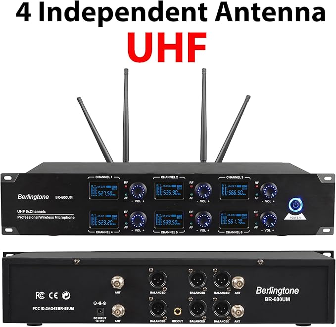 Berlingtone) 6-Channel UHF Wireless Microphone System Cordless Mic with Metal Handheld, Fixed Frequency Channel, Dynamic Microphone for Karaoke, Church, Singing, DJ, 262ft Range (BR-600UM)
