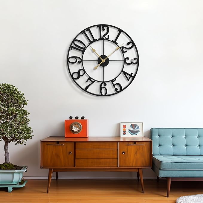 LEIKE Large Wall Clocks for Living Room,Silent,Non Ticking,Battery Operated Oversized Vintage Round Modern Metal Wall Clock for Bedroom,Farmhouse,Office Home Decor-24 Inch(Black-Arabic Number)