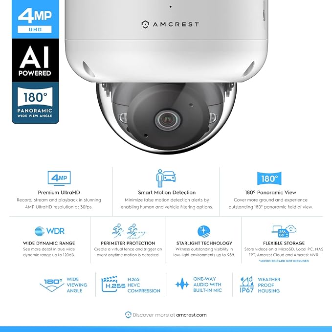 Amcrest Panoramic IP POE Camera, 180° Panoramic 4-Megapixel POE IP Dome Camera, Security Outdoor Camera, 50ft Nightvision, IVS Features and People Counting, MicroSD Recording, IP4M-PD183EW-AI White