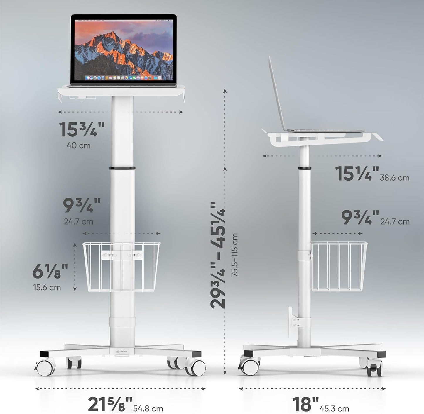 ONKRON Mobile Laptop Cart on Wheels with Load up to 17.6 lbs, Height Adjustable Side Table with Wheels & Storage, Portable Workstation for Laptop/Small Rolling Desk for Couch White