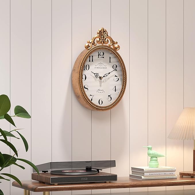 Abdurey Small French Retro Decorative Wall Clock, Antique Gold Vintage Oval Style,Silent Battery Operated Boho Decor Wall Clocks for Farmhouse,Kitchen,Bedroom,Bathroom(10.4" H x 6.7" W)