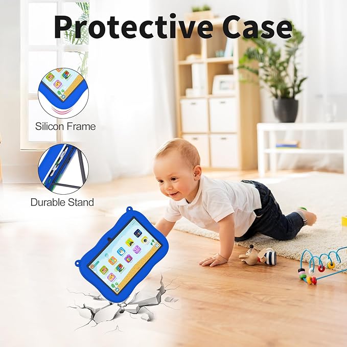 VASOUN 7 inch Kids Tablet with Lanyard, Android 13 with 32GB Toddler Tablet,WiFi, Dual Camera,Time Limits, Age Filters,Parental Controls,Kids Software Pre-Installed with Silicone Case (Blue)