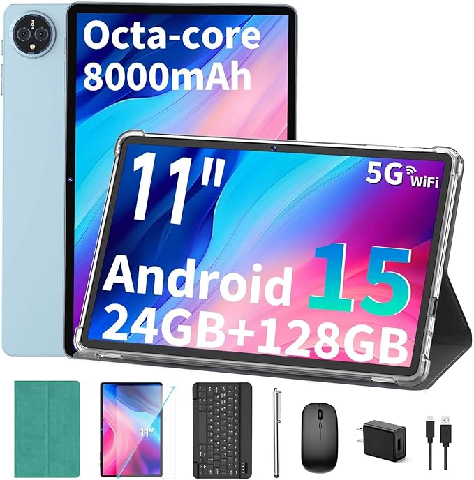 2026 11 inch Tablet, Android 15 Tablet with Keyboard, 24GB RAM+128GB ROM(2TB Expand), 8000mAh, Gemini AI, 2.4G/5G WiFi, BT5.0, GMS, Octa-core, 2 in 1 Tablets with Case, Mouse, Stylus(Green Case)