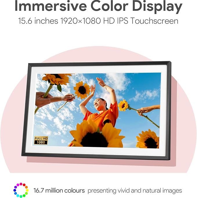 15.6'' Digital Picture Frame with 1920x1080 IPS Touch Screen, Smart Digital Photo Frame with 32GB Storage, Easy Setup to Share Photos/Videos via Free App