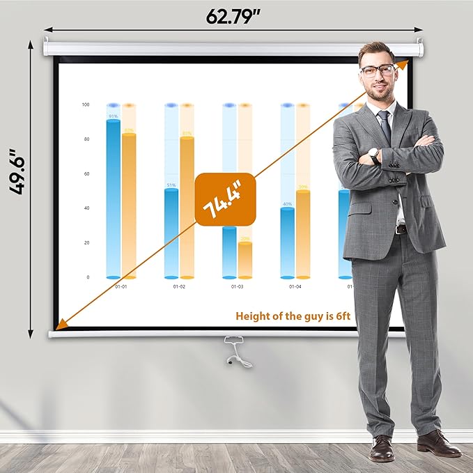 ZENY Portable Projector Screen Pull Down, 72 Inch 4:3 Video Projection Screen Home Theater, Retractable Projector Screen, Moive Screen Indoor Outdoor, Wall Mount (72'' 4:3 White)