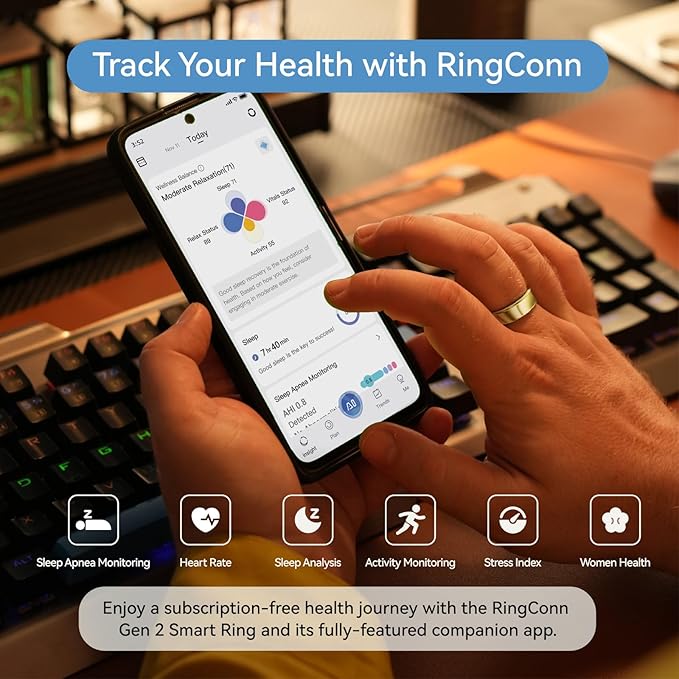 RingConn Gen 2, World’s First Smart Ring with Sleep Apnea Monitoring, No APP Subscription, 12-Day Battery Life, Stress/Heart Rate/Women's Health Tracker, Android & iOS Compatible (Gold, Size 8)