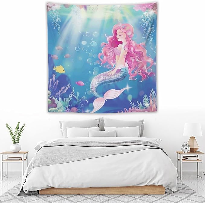 HZOHNAGO Mermaid Girls Tapestry Watercolor Mermaid Princess Pink Hair Pattern for Kids Room Decoration Printed Wall Tapestry Wall Hanging for Bedroom Living Room Dorm 60" W x 60" H