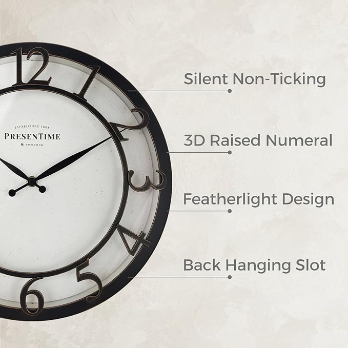 Presentime & Co 13" Farmhouse Series Wall Clock, Vintage Style, Retro Clock, Silent No Ticking, Raised 3D Arabic Numeral, Oil Rubbed Bronze Finish.