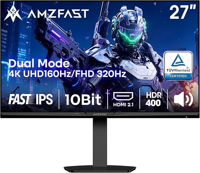 Amzfast 27’‘ 4K Gaming Monitor HDR 400, UHD 160Hz 144Hz | FHD 320Hz 300Hz Dual Mode PC Monitor, Built-in Speakers 1ms Fast IPS, 126% sRGB PIP/PBP, 2* HDMI 2.1 & 2* DP 1.4 VESA (HDMI DP Dual Cables)