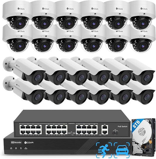 4COVR PoE 32 Channel Security Camera System, 12 Dome IK10 Vandal-Proof 12 Bullet 5MP Commercial IP Camera IP67 Night Vision, AI Human/Vehicle Detection, Business H.265 UHD NVR 8TB HDD, LYH54A5M3224