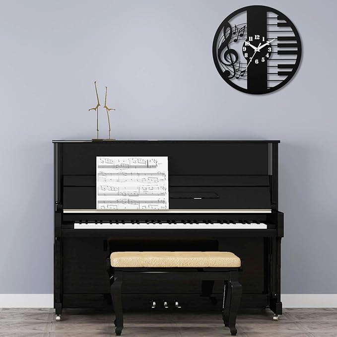 12 Inch Music Themed Wall Clock - Piano Key & Musical Note Design, Silent and Battery Operated - Perfect for Music Room, Studio Decor - Gift for Pianists, Musicians & Music Lover