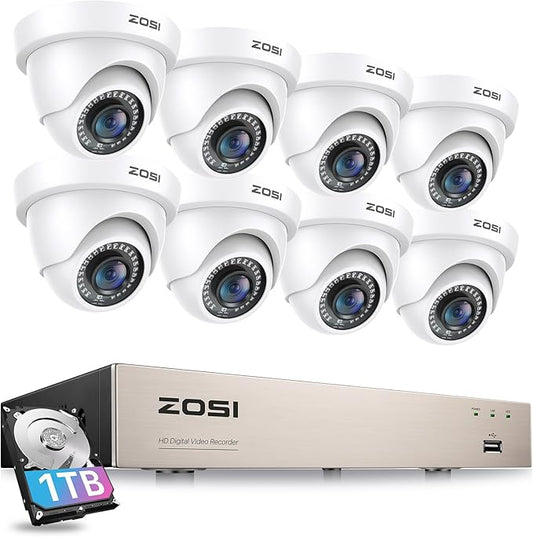 ZOSI 3K Lite 8CH Security Camera System with 1TB HDD,AI Human/Vehicle Detection,80ft Night Vision,H.265+ 8 Channel 1080P HD-TVI DVR Recorder,8pcs 1920TVL Weatherproof CCTV Dome Cameras Indoor Outdoor