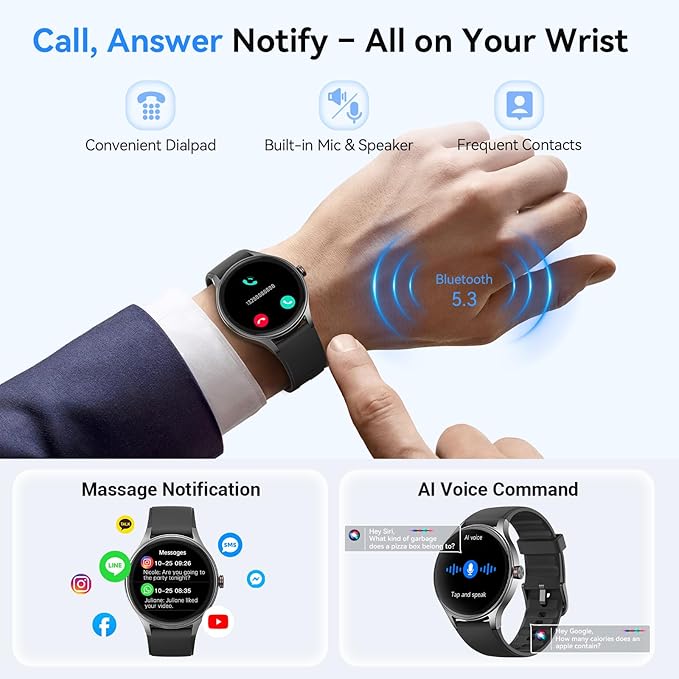 Smart Watches for Men/Women (2 Bands), 1.27“ Round Smartwatch Fitness Tracker with Bluetooth Calls (Make/Answer), Heart Rate/SpO2/Sleep Monitor, 12 Days Battery, IP68 Waterproof