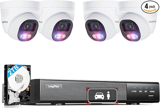 LongPlus Smart 4K 8CH Home Security Camera System, 4Pcs Wired PoE IP Cameras System Outdoor with Person/Vehicle Detection, 12MP 8CH NVR with 2TB HDD for 24-7 Recording, LP8ME84D1