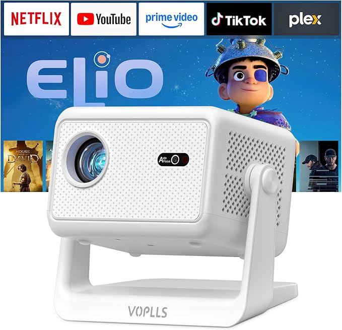 【Officially-Licensed APP & Auto Focus/ Keystone】Smart Mini Projector with WiFi and Bluetooth, VOPLLS Outdoor Projectors 4K Support, Portable Movie Phone Wifi Proyector for Bedroom/Home/Celling