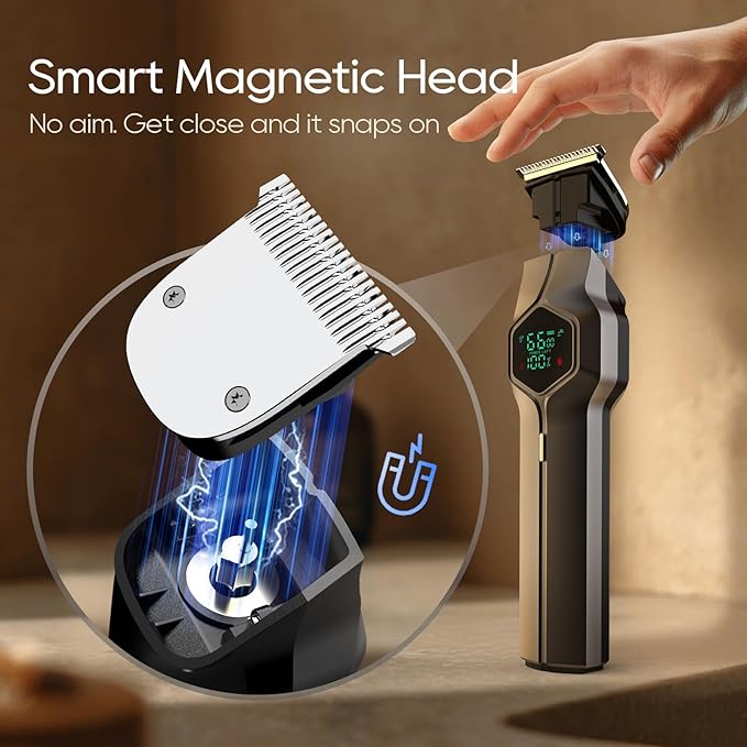 Beard Trimmer for Men, Magnetic Snap-on Replacement Heads & Charging Dock, IPX7 Waterproof Cordless Hair Clippers, Mens Grooming Kits for Mustache/Body/Face/Ear/Nose, Gray
