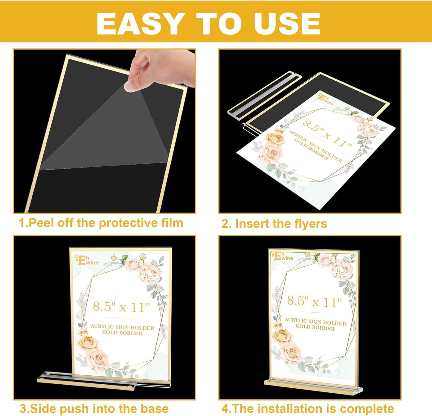 EHWINE 16 Pack Acrylic Sign Holder 8.5 x 11, Double-Sided Tabletop Gold Sign Holder, Clear Acrylic Picture Frame Menu Flyer Paper Holder Display Stand for Home Wedding Party (with Non-Slip Pads)