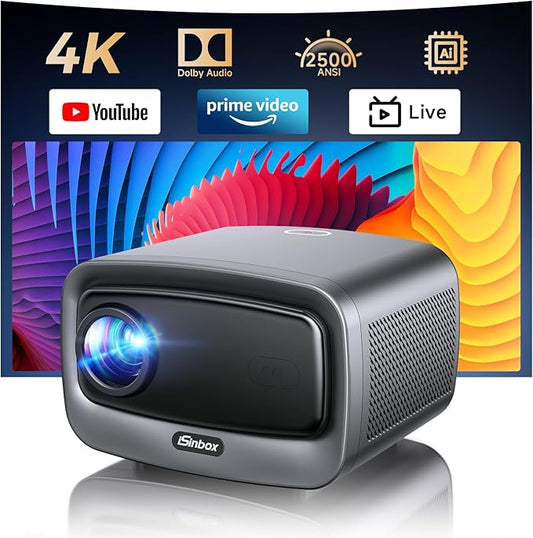 [2500 ANSI/Auto Focus/Built-in APPS] Smart Projector 4K with WiFi 6 and Bluetooth 5.3, 6D Keystone Outdoor Movie Projector with Netflix& 36W Dolby Audio Plus HDR10+ Home Theater Ceiling 2025 Upgraded