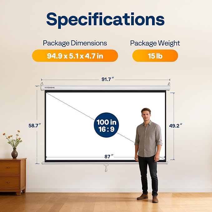 VIVOHOME 100 Inch 16:9 Pull Down Projector Screen, HD 4K Retractable Movie Screen for Indoor Home Theater and Office, Manual Projection Screen with Auto Locking (87W x 49H Inch Display Area)
