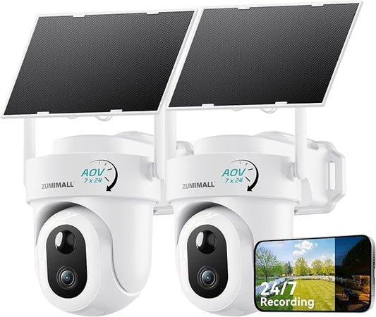 ZUMIMALL 9W Solar Security Cameras Wireless Outdoor, AOV 24/7 Recording Cameras for Home Security, 360° View, 2K Color Night Vision, 2-Way Talk, 2.4GHz WiFi, Auto Tracking, SD/Cloud/Alexa/AI (2-Pack)