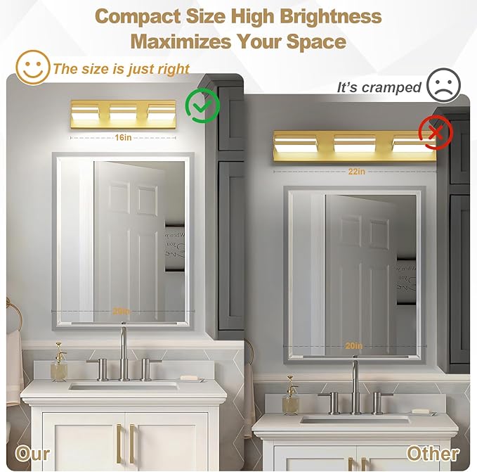 Modern LED Small Bathroom Lights Fixtures(3-Light),Metal Gold Acrylic Wall Lighting,Vanity Lights for Bathroom Over Mirror(6000k 16in)