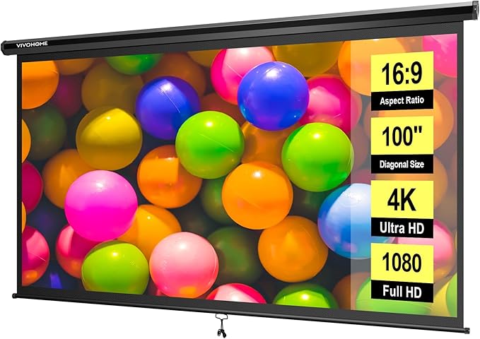 VIVOHOME 100 Inch 16:9 Pull Down Projector Screen, HD 4K Retractable Movie Screen for Indoor Home Theater and Office, Manual Projection Screen with Auto Locking (87W x 49H Inch Display Area)