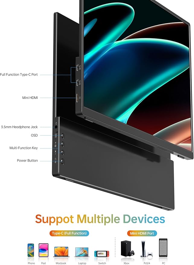 MNN Portable Monitor 14 inch FHD 1920 * 1200P USB C HDMI Ultra-Slim IPS Travel Display w/Speakers, HDR Plug&Play, External Monitor for Laptop PC, Phone,Mac(400cd/m² Brightness)