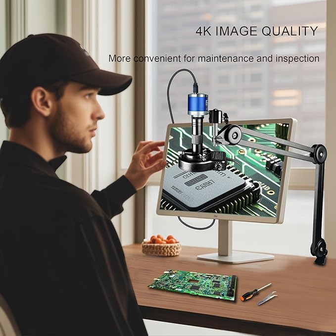 NICE-POWER Digital Microscope, 48MP 4K 1080P HDMI Type-C/USB Industrial Video Microscopes Camera, 150X Zoom C-Mount Lens, Foldable Stand, LED Ring Light, Soldering Microscope for Electronics Repair