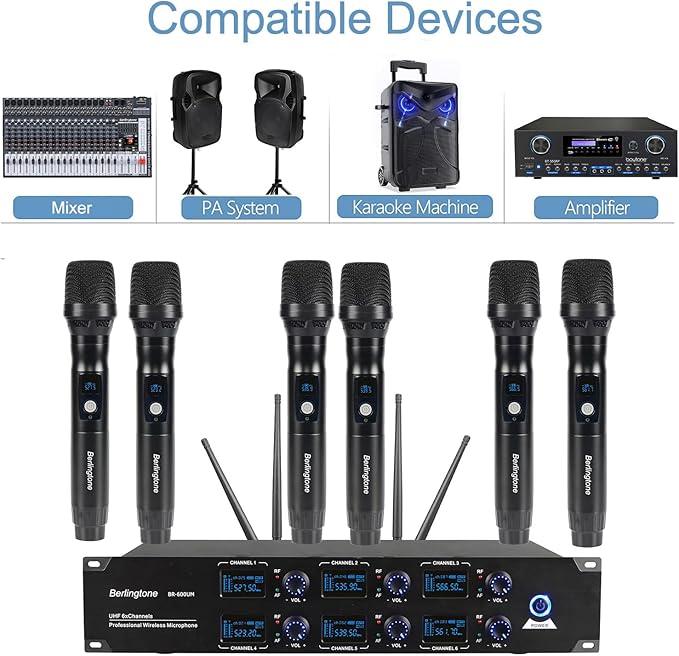 Berlingtone) 6-Channel UHF Wireless Microphone System Cordless Mic with Metal Handheld, Fixed Frequency Channel, Dynamic Microphone for Karaoke, Church, Singing, DJ, 262ft Range (BR-600UM)