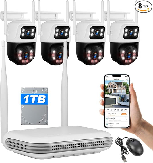 Fuers Wireless Security Camera System, 5MP 8CH NVR with 1TB HDD, 4Pcs 3MP Dual Lens WiFi Cameras Home Surveillance Outdoor Indoor, Motion Detection, Auto Tracking,2-Way Audio,Color Night Vision