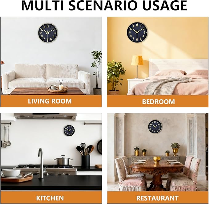 Modern Wall Clock, 10 Inch Digital Wall Clocks Battery Operated, Round Non Ticking Silent Analog Clock for Bedroom Living Room Kitchen Office Gym Classroom Decor, Gold Navy Blue Battery Clock