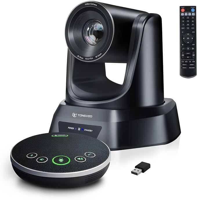 TONGVEO AI Auto-Tracking PTZ Conference Camera System with Bluetooth Microphones, 3X Optical Zoom USB3.0 1080P 60fps, 93° Wide-Angle All-in-One Video Conference Solution for Church & Office