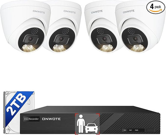 ONWOTE 4K NVR PoE Security Camera System 2 Way Audio, 8 Channel NVR 2TB, 4X 8MP Wired Outdoor IP Cameras, 125° FoV, AI Human Vehicle Detection Trigger Color Night Vision, CCTV Kit for Home Businesses