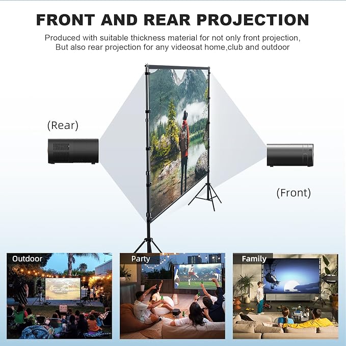 150"-Projector-Screen-with-Stand,HUANYINGBJB Outdoor Projection Screen, Portable 16:9 4K HD Rear Front Movie Screen with Carry Bag for Theater Backyard Movie Night,Cinema School, Churches, Parties