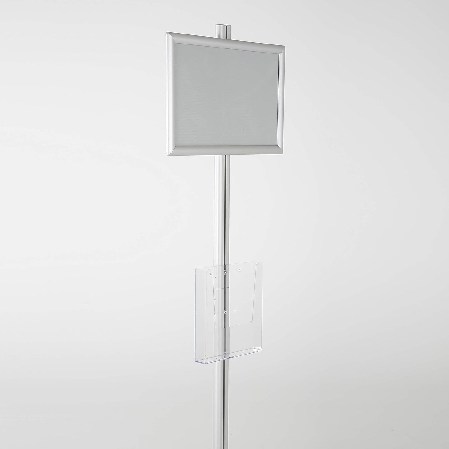 M&T Displays Free Standing Aluminum Display Stand Single Sided Document Brochure Sign Holder Front Loading Portrait Landscape Silver Snap Frame 1x(11x17) and Clear Acrylic Pocket 1x(8.5x11) Inch