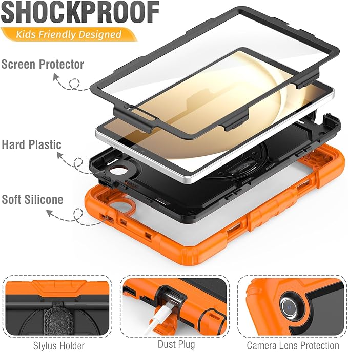 HXCASEAC Case for Samsung Galaxy Tab A9 8.7 Inch, Protective with Screen Protector/Hand Strap/Pen Holder, Sturdy Shockproof for Samsung A9 Tablet Case SM-X110 SM-X115 SM-X117 - Orange