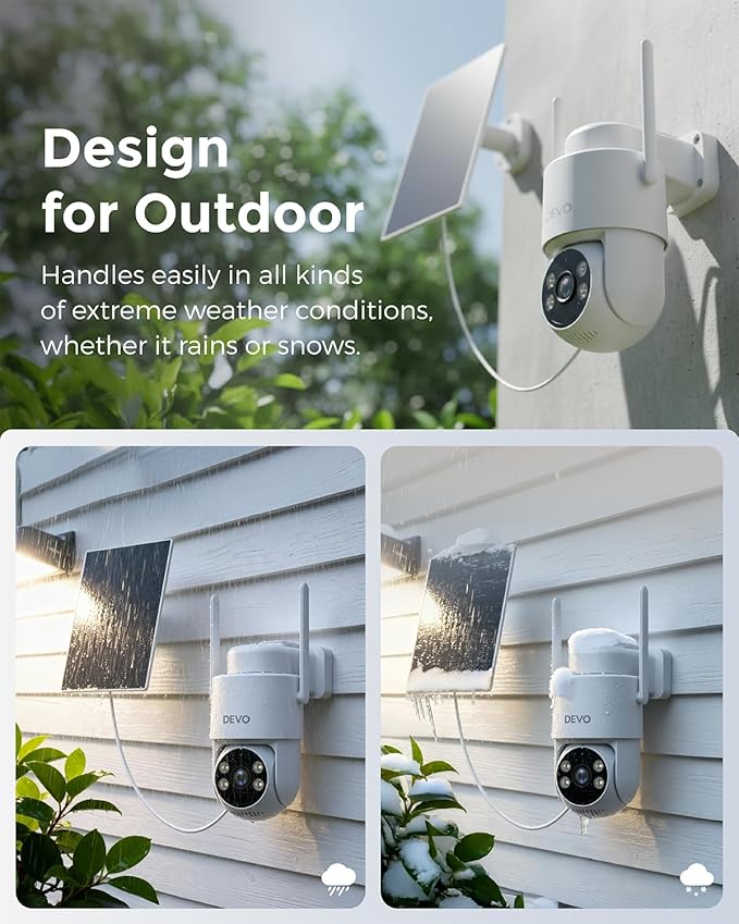 Devo Solar Security Camera Wireless Outdoor, 2.3K HD 360° PTZ Color Night Vision, AI/PIR Human Detection, 2-Way Audio, Solar & Battery Powered, WiFi 6, IP66 Waterproof, Triple Alert System