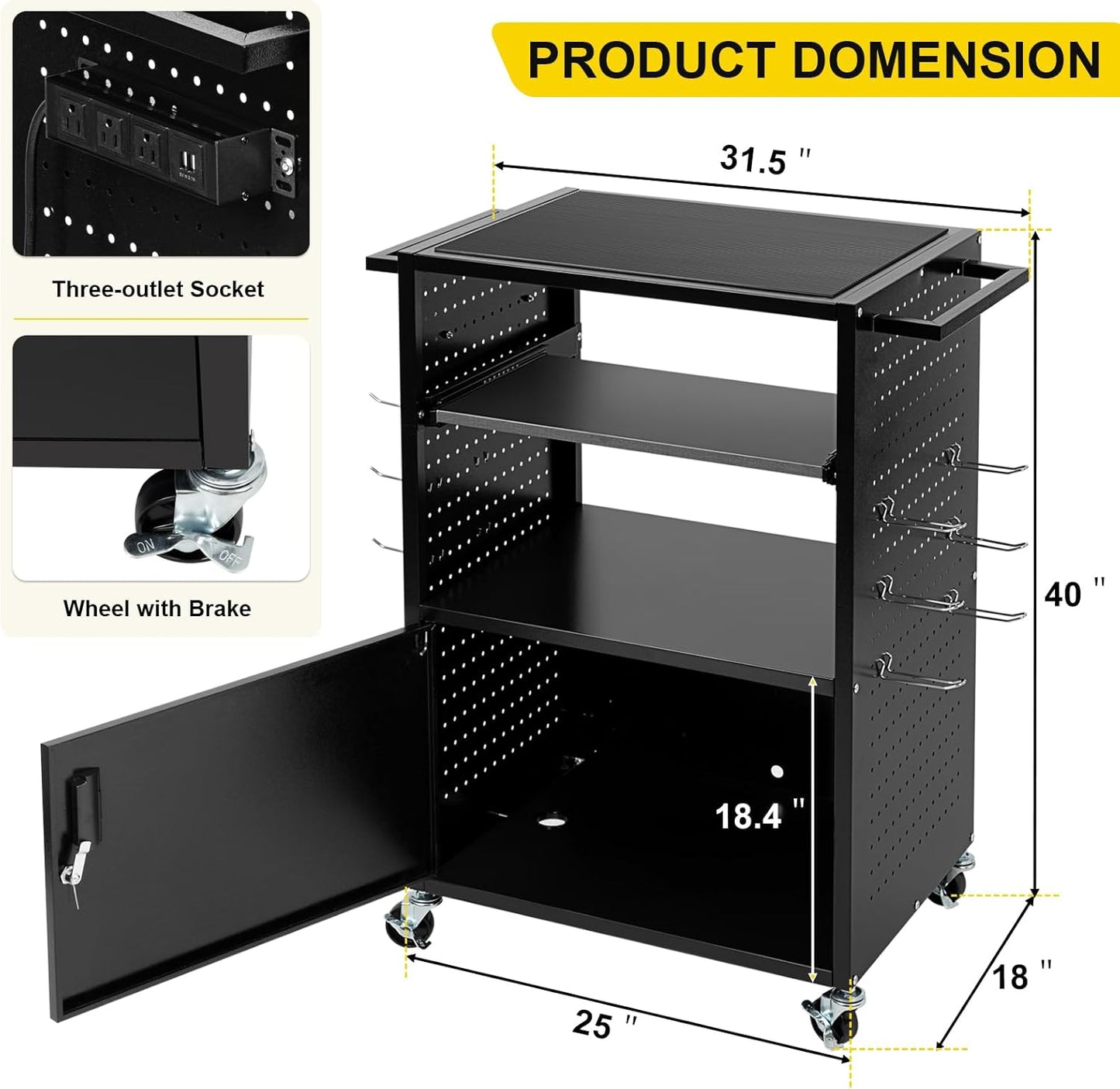 Mobile AV Cart with Locking Cabinet & Wheels, Heavy Duty Rolling Media Cart with Customized Pegboard & Hooks, Multipurpose Utility Cart 100lbs Load Capacity, Black