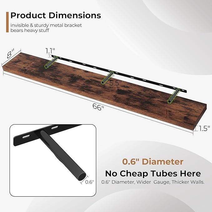 Fun Memories 66 Inch Fireplace Mantel Shelf with Invisible Bracket, 8 Inch Deep Floating Shelf for Living Room, Kitchen, Farmhouse, Brown
