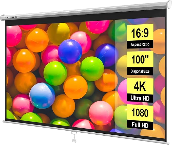 VIVOHOME 100 Inch 16:9 Pull Down Projector Screen, HD 4K Retractable Movie Screen for Indoor Home Theater and Office, Manual Projection Screen with Auto Locking (87W x 49H Inch Display Area)