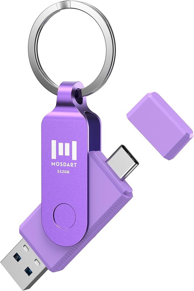 MOSDART 512GB USB3.1 Fast Speed C and A Dual Flash Drive, exFAT Memory Stick with Keychain and LED Indicator, for iPhone 15,16,17, Android Phone, iPad, MacBook, and Other Laptops, Purple