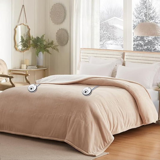 Sealy Electric Blanket Queen 84"*90",Super Cozy Flannel to Sherpa Reversible Heated Blanket Queen Size with 10 Heating Levels & 1-12 Hours Auto Off Overheating Protection Machine Washable,Beige