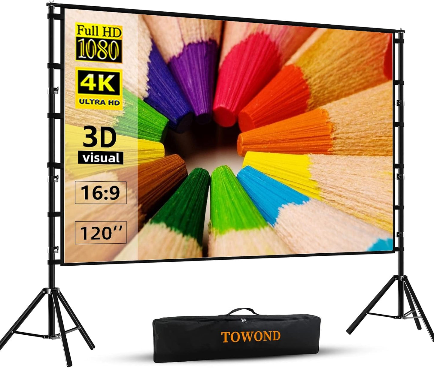 TOWOND Projector Screen and Stand, 120 inch Outdoor Projection Screen, Portable 16:9 4K HD Rear Front Movie Screen with Carry Bag Wrinkle-Free Design for Home Theater Backyard Cinema
