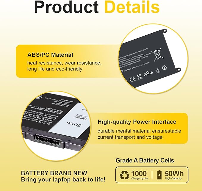 50WH WDX0R Laptop Battery Replacement for Dell Inspiron 13/15/17 5000/7000 5368 5378 7378 5568 5578 5580 5767 5770, Latitude 3180-3590, Vostro 5568 5468 Compatible WDXOR P69G 3CRH3