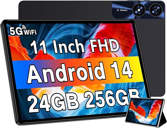 Tablet 11 inch Android 14 Tablets, 24GB+256GB+1TB Expand, Android Tablet with 8000mAh, Octa-Core, 13MP+5MP Camera, IPS Touchscreen, 5G WiFi, BT5.0, Widevine L1, GPS - Metal Black