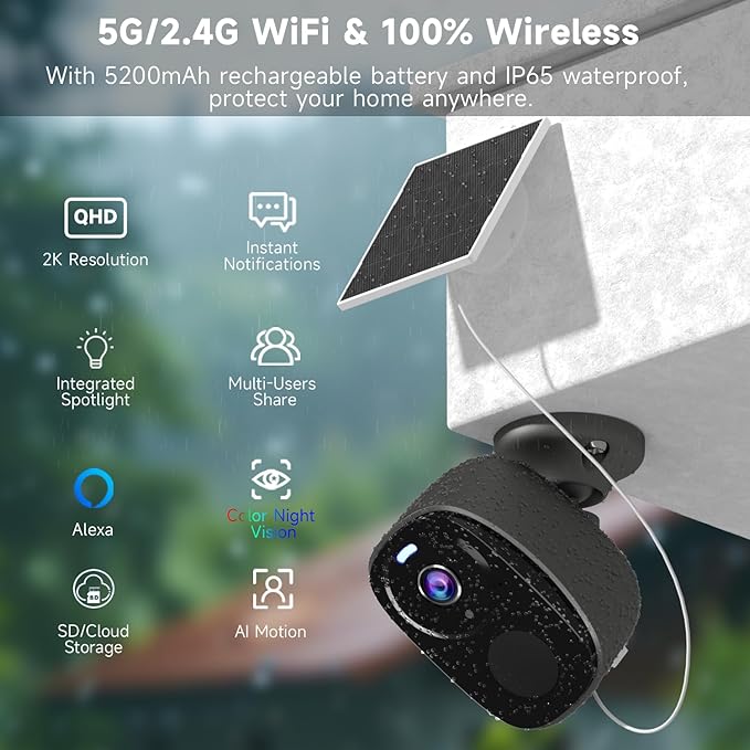 4PC 2K Security Camera Wireless Outdoor, Solar Camera for Home Security, Battery Powered WiFi Security Cameras with Color Night Vision, AI Motion Detection, 2-Way Audio, IP65, SD/Cloud, Works Alexa G